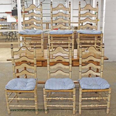  7 Piece Antique Style Country Farm Table with 3 Drawers and 6 Paint Decorated Ladder Back Chairs â€“ auction estimate $300-$600 