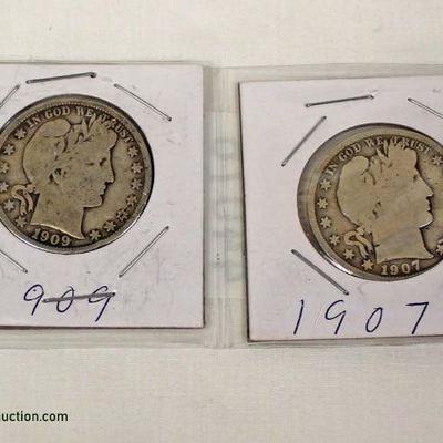  1907 & 1909 Silver Barber Half Dollars – auction estimate $10-$20 