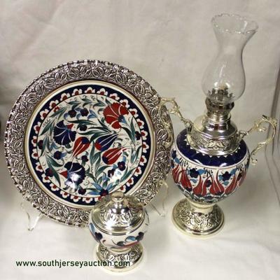  3 Piece Marked 900K Silver Plate Turkish Plate, Oil Lamp and Sugar – auction estimate $50-$100 