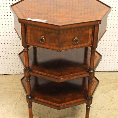  — BEAUTIFUL —

Burl Mahogany Inlaid and Banded Octagon 1 Drawer 2 Tier Stand by “Maitland Smith Furniture” – auction estimate $300-$600 