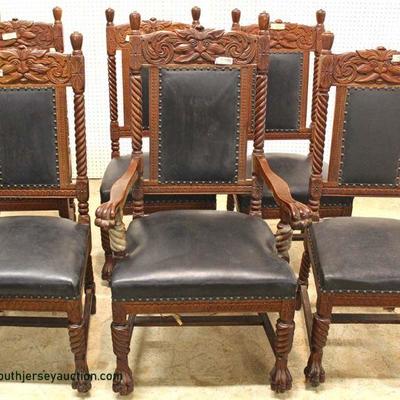 Set of 6 ANTIQUE Oak Griffin Head Carved Ball and Claw Leather Seats and Backs Dining Room Chairs in Original Finish â€“ auction estimate...