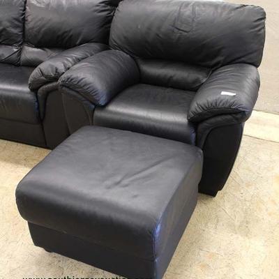3 Piece Contemporary Black Leather Sofa, Chair and Ottoman (may be offered separate) â€“ auction estimate $200-$400