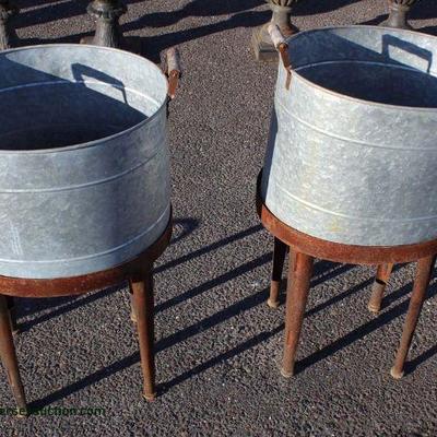 Large Selection of Country Farm Galvanized Items including Buckets, Rotating Bins, Tubs, Planters, and More â€“ auction estimate $100-$200 