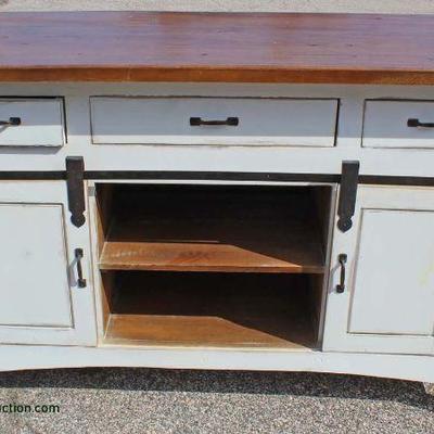 Rustic Distressed Barn Yard Sliding Door Kitchen Island with Mahogany Finish Top â€“ auction estimate $200-$400