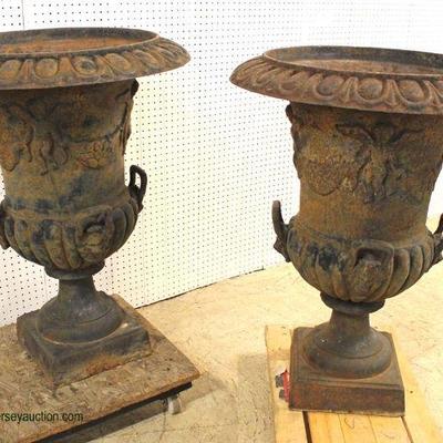  PAIR of ANTIQUE Cast Iron Victorian Planters in Original Found Condition

approximately 3 Feet High and 2 Feet Diameter – auction...
