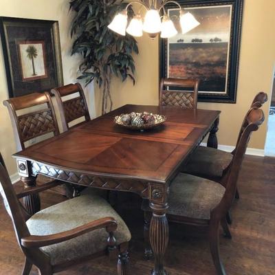 Inlaid Wood Dining Room Table with 1 Leaf, 4 Side Chairs, 2 Arm Chairs - $980