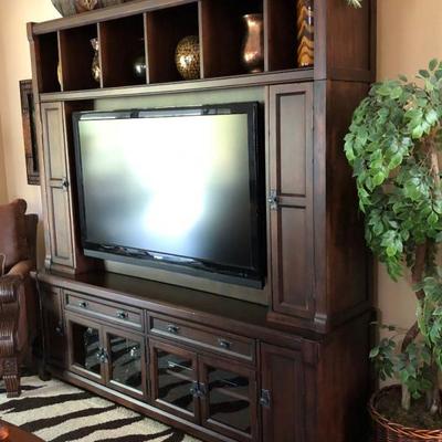 Cherry Stain Media Wall Unit (for a large flat screen TV) with CD/DVD Storage, Shelving, Glass-front door cabinets for electronic...