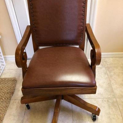 Wood Vintage-Style Desk Chair w/Nailed Leather Upholstery & Casters - $195
