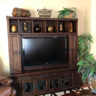 Cherry Stain Media Wall Unit (for a large flat screen TV) with CD/DVD Storage, Shelving, Glass-front door cabinets for electronic...