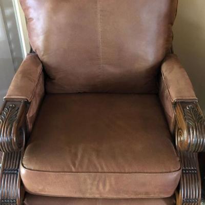 Leather and Wood Scrolled Arm Occasional Chair with Reversible (Leather/Tropical Floral) Upholstery - $225