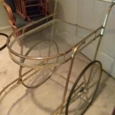 Unique Two Tiered Brass and Glass Tea Cart