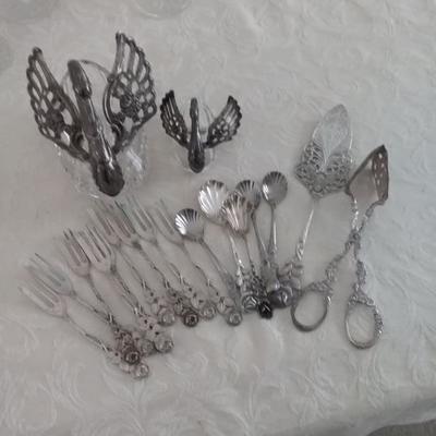 Ornate Vintage Silver Plated Hors D'Oeuvre Utensils and Crystal and Silver Colored Condiments Dish
