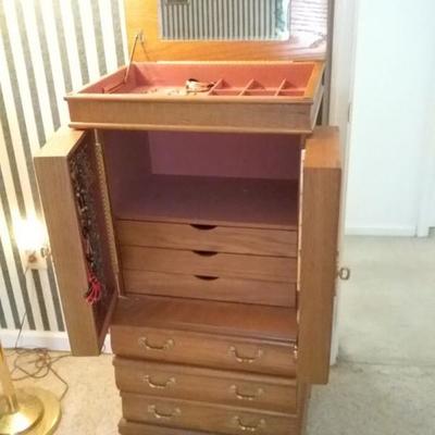 Costume Jewelry and Large Drawer Wooden Jewelry Cabinet