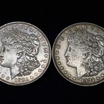 #431: Two 1921 Morgan Silver Dollars
Philadelphia Mint, each weigh 2.7g, J33