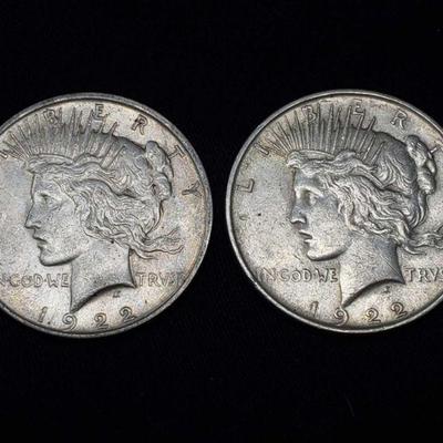 #454: Two 1922 Silver Peace Dollars
Philadelphia Mint, each weighs 27g, J33