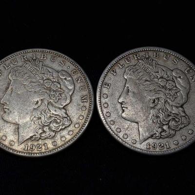 
#438: Two 1921-S Morgan Silver Dollars
San Francisco Mint, each weigh 2.7g, J33