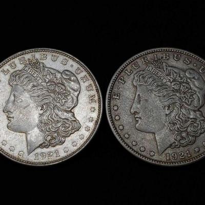 #429: Two 1921 Morgan Silver Dollars
Philadelphia Mint, each weigh 2.7g, J33
