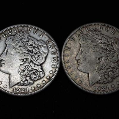 #439: Two 1921-S Morgan Silver Dollars
San Francisco Mint, each weigh 2.7g, J33