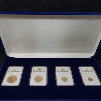 #400: Cased 4 Piece Set of 2004 Gold Eagle Bullion Coins MS 69
Set includes a 1 oz fine gold $50 coin, 1/2 fine gold $25 coin, 1/4 oz...