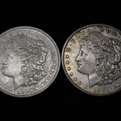 #430: Two 1921 Morgan Silver Dollars
Philadelphia Mint, each weigh 2.7g, J33