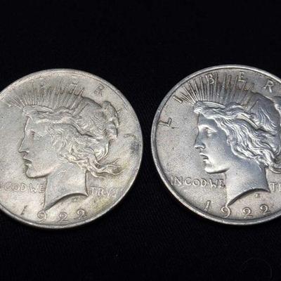 #455: Two 1922 Silver Peace Dollars
Philadelphia Mint, each weighs 27g, J33