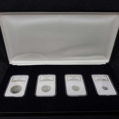 #405: Cased 4 Piece Set of 2006 Platinum Eagle Bullion Coins MS 69
Each coins is .9995 Platinum. Set Includes 1 oz $100 coin, 1/2 oz $50...