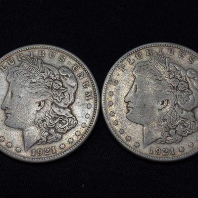 #440: Two 1921-S Morgan Silver Dollars
San Francisco Mint, each weigh 2.7g, J33