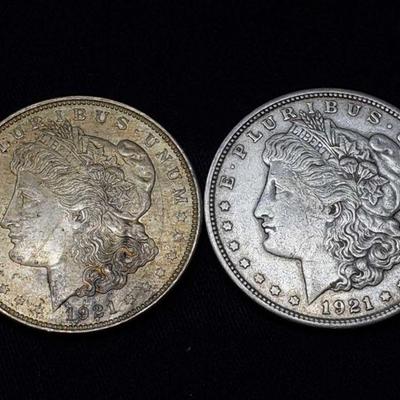 #426: Two 1921 Morgan Silver Dollars
Philadelphia Mint, each weigh 2.7g, J33