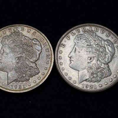 #435: Two 1921 Morgan Silver Dollars
Philadelphia and San Francisco Mint, each weigh 2.6g, J33