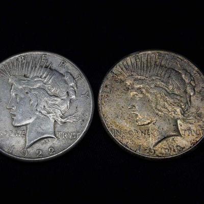 #458: Two 1922-S Silver Peace Dollars
San Francisco Mint, each weigh 27g, J33