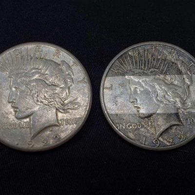 #457: Two 1922-S Silver Peace Dollars
San Francisco Mint, each weigh 27g, J33