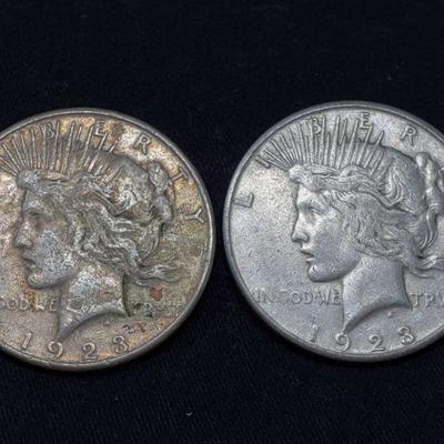 
#468: Two 1923-S Silver Peace Dollars
San Francisco Mint, each weighs 27g, J33