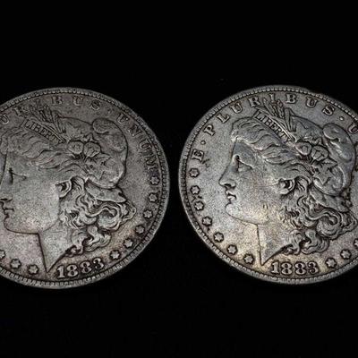 #418: Two 1883 Morgan Silver Dollars
Philadelphia Mint, 2.7 and 2.6g