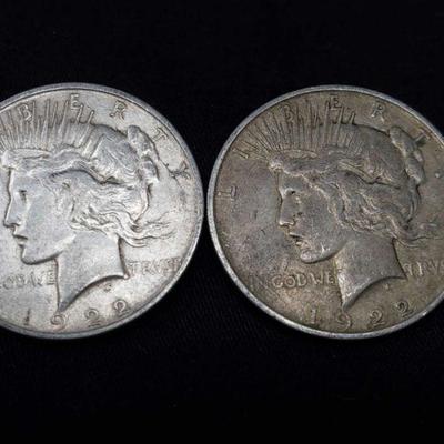 #464: Two 1922-D Silver Peace Dollars
Denver Mint, each weigh 2.7g, J33