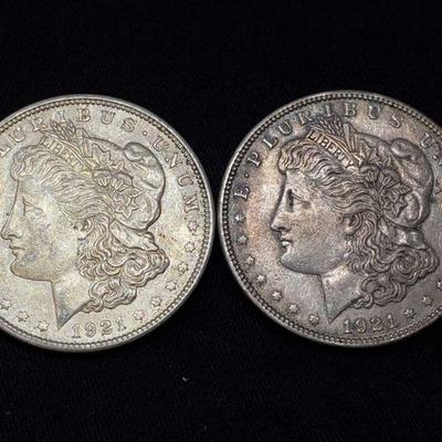 #433: Two 1921 Morgan Silver Dollars
Philadelphia Mint, each weigh 2.6g, J33