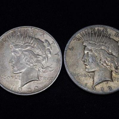 #462: Two 1922 Silver Peace Dollars
San Francisco and Denver Mint, each weigh 27g, J33