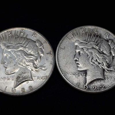 #460: Two 1922-S Silve Peace Dollars
San Francisco Mint, each weigh 27g, J33