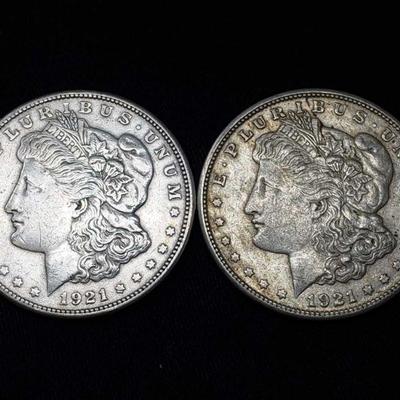 #437: Two 1921-S Morgan Silver Dollars
San Francisco Mint, each weigh 2.7g, J33