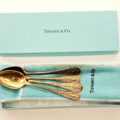 #518: 4 .800 Silver Spoons, 37.8g, Includes Tiffany Pouch and Box
4 .800 Silver Spoons, 37.8g, Includes Tiffany Pouch and Box, Spoons Are...