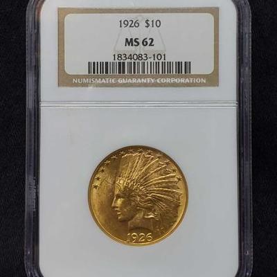 #403: 1926 US Indian Head $10 Gold Coin MS62
1926 US Indian Head $10 Gold Coin MS62 Inventory: J46 Appraised Value