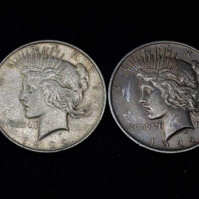 #450: Two 1922 Silver Peace Dollars
Philadelphia Mint, each weighs 27g, J33