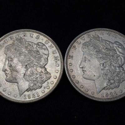 #442: Two 1921-D Morgan Silver Dollars
Denver Mint, each weigh 2.7g, J33
