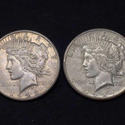 #471: 1923-S and 1924-S Silver Peace Dollars
San Francisco Mint, each weigh 27g, J33