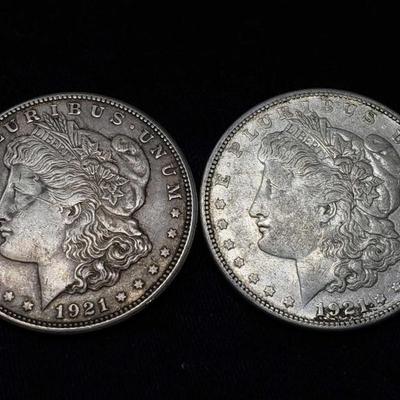 #436: Two 1921-S Morgan Silver Dollars
San Francisco Mint, each weigh 2.7g, J33