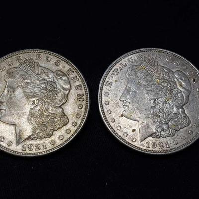 #443: Two 1921-D Morgan Silver Dollars
Denver Mint, each weigh 2.7g, J33