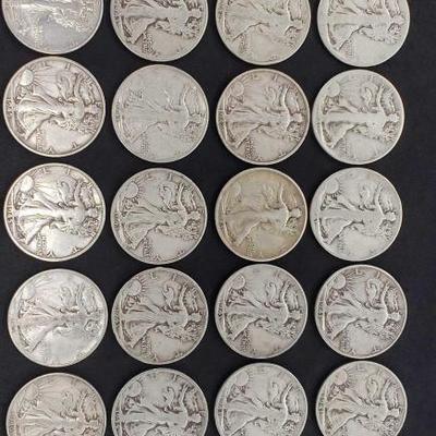 
#481: 20 Walking Liberty Half Dollars 1940-1946 Not Consecutive, Various Mints, 244g
1940-P, 1941-D, 1941-S, 1941-D, 1942-S, 1942-S,...