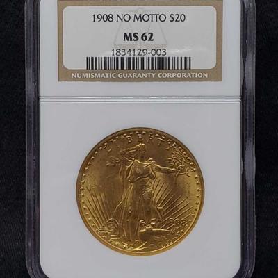 #401: 1908 US Saint Gaudens $20 Gold MS-62
1908 US Saint Gaudens $20 Gold MS-62 Inventory: J47 Appraised Value: $1,270