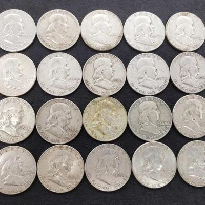 #483: 20 Franklin Half Dollars 1951-1963, Not Consecutive, Various Mints, 250g
1951D, 1951S, 1951S, 1952P, 1952S, 1952D, 1954D, 1954D,...