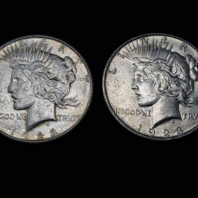 #470: Two 1923-D Silver Peace Dollars
Denver Mint, each weighs 27g, J33