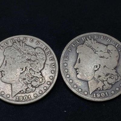#424: Two 1901-O Morgan Silver Dollars
New Orleans Mint, each weighs 2.6g, J33